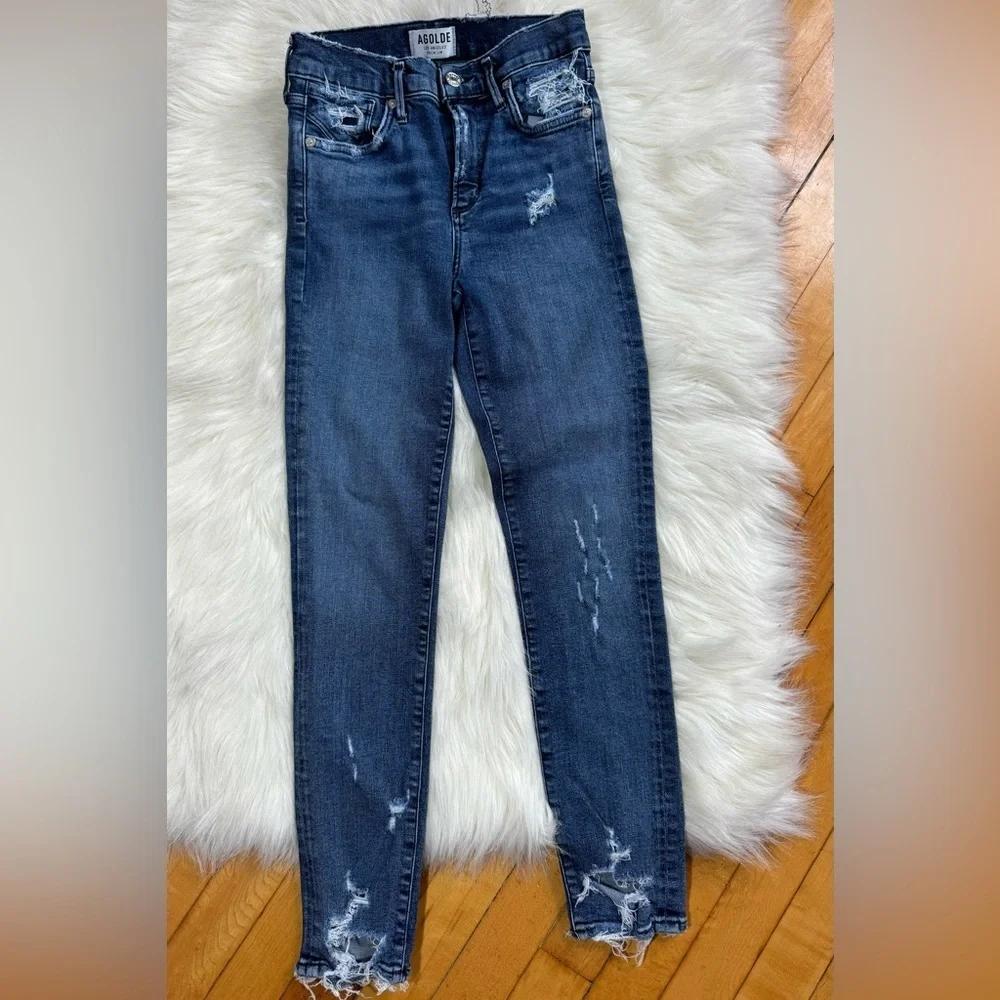 Agolde Sophie Zip Fly High Rise Distressed Frayed Hem Denim Skinny Ankle Jeans